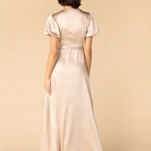 Called to Surf CHAMPAGNE SATIN MAXI WRAP DRESS - cute puff capped sleeves